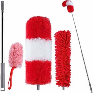 FVO Washable Long Handle Duster 2.5m telescopic stainless steel duster with detachable microfiber/chenille head, extendable dust catcher for oily