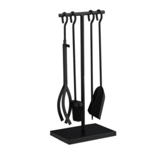 Fireplace Set, 5-piece Fireside Kit with Poker, Tongs, Ash Shovel, Broom & Stand, hwd: 57 x 25 x 18 cm, Black - Relaxdays