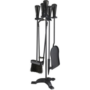 Fireplace Set, 5-piece Set, Poker, Ash Shovel, Broom, Tongs & Stand, Antique Design, Steel, 64x22x20 cm, Black - Relaxdays