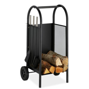 Firewood Cart with Companion Tools, Steel Holder, 3-Piece Tool Set, Shovel, Broom & Poker, Black - Relaxdays