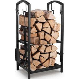 Firewood Rack with 4 Tools ,Black Iron Firewood Shelf ,Firewood Log Holder with Poker, Broom, Shovel & Tongs Indoor/Outdoor Loadable up to