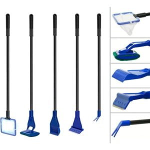 Fish Tank Cleaning Kit, 5 in 1 aquarium accessories cleaning tool with Fishnet, Gravel Rake, Cleaning Sponge, Algae Scraper, Plant Fork