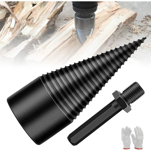 Flkwoh - Wood Splitter, Log Splitter Auger Splitting Auger Cone with Gloves, Woodworking Drill Bit for Splitting Wood, Durable Wood Chipper Tool with