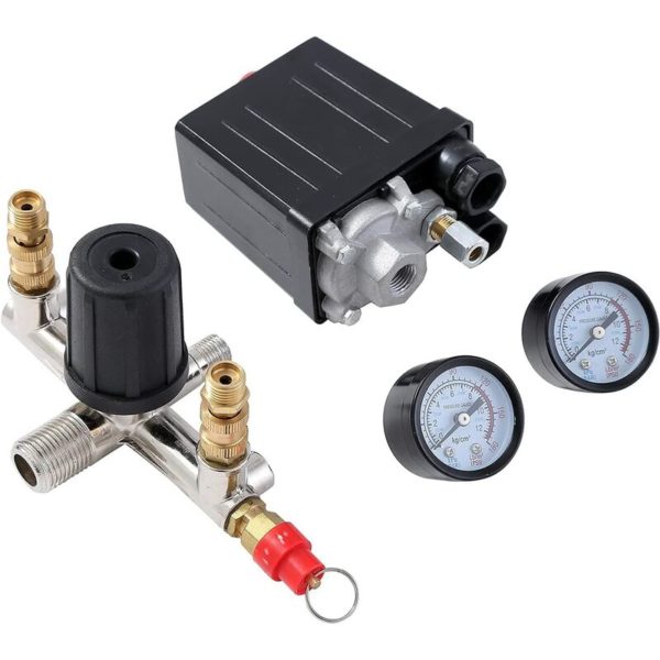 G1/4 Air Compressor Pressure Switch with Dual Outlets and Safety Valve Gauges Regulator