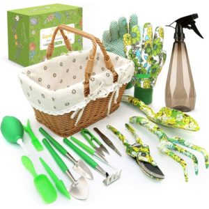 Garden Gift, Floral Garden Tools with Basket, Gardening Heavy Duty Hand Tool Kit, Hand Rake, Trowel, Pruners, Sprayer, Gardener Gloves, Succulent