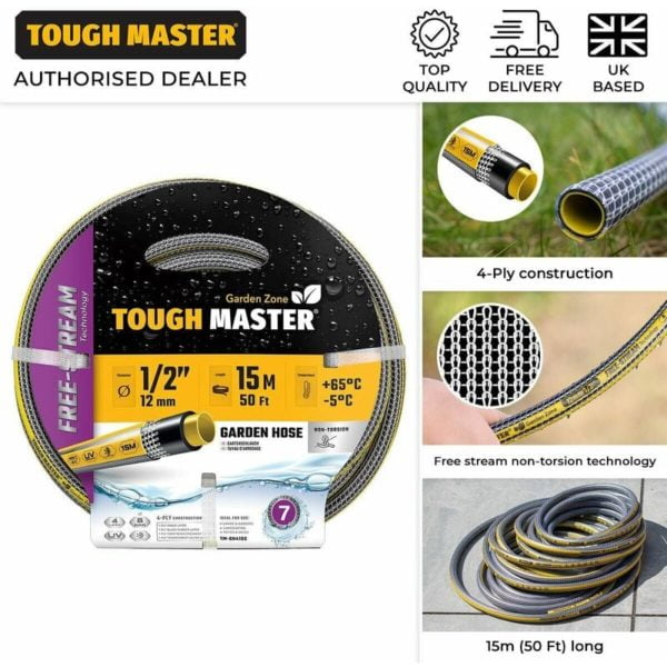 Garden Hose Pipe Reinforced 15m / 50ft 4 ply ½' anti kink - Tough Master