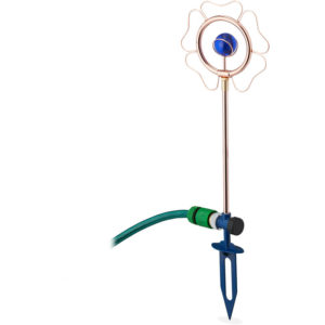 Garden Sprinkler, Flower Shape, 3/4, with Ground Stake, Fun Lawn Decor, Metal, Copper/Blue - Relaxdays