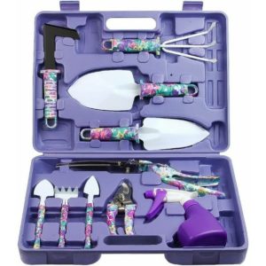 Garden Tool Set, 10 Pieces Gardening Tools with Purple Floral Print, Ergonomic Handle Trowel Rake Weeder Pruner Sprayer, Garden Hand Tools with