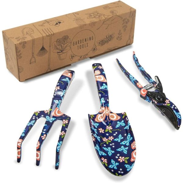 Garden Tool Set, 3 Piece Plant Gardening Hand Tools with Floral Print - Trowel, Cultivator, Pruning Shear