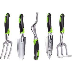 Garden Tool Set, 5pcs Aluminum Heavy Duty Garden Hand Tool Kit Includes Hand Rake, Trowel, Transplant Trowel, Weeder And Cultivator Hand Rake With Erg