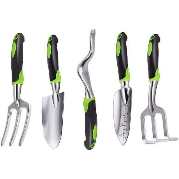 Garden Tool Set, 5pcs Aluminum Heavy Duty Garden Hand Tool Kit Includes Hand Rake, Trowel, Transplant Trowel, Weeder And Cultivator Hand Rake With Erg