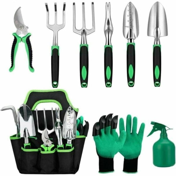 Garden Tool Set, 9 Aluminum Garden Tools with Garden Bag, Garden Gloves, Brushes, Garden Shovels, Garden Gifts