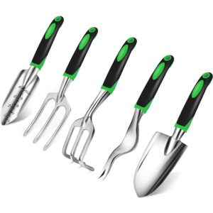 Garden Tool Set, Hand Planting Kit with Weeder Trowel Transplanted Cultivator and Weeding Fork, 5 Garden Tools for Indoor Outdoor Garden, Gardening