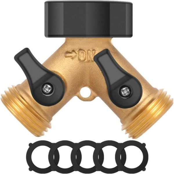 Garden hose manifold - 2 way - Y-connection - brass - garden hose adapter - solid brass - copper - 2 valves with 5 rubber washers