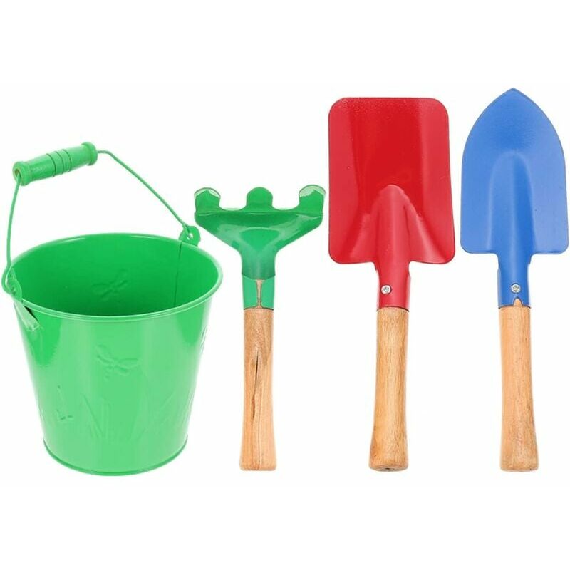 Gardener's Tool Kit 4pcs Green Kids Garden Tool Set, Kids Garden Tools with Rake, Shovel, Trowel and Beach Buckets for Kids Beach Sandbox Toy