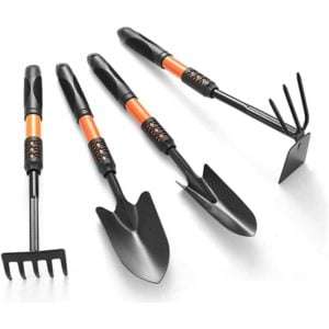 Gardening Tools, 4 Piece Outdoor Gardening Tools for Adults, Extended Ergonomic Handles, with Shovels, Hand Rakes, Manual Weeders, Hoes for Women and