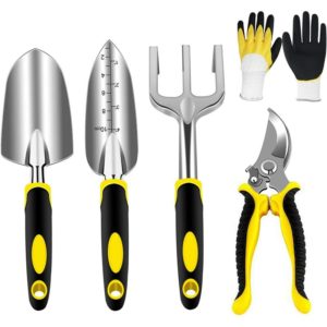 Gardening tool set, gardening tools with robust aluminum heads and ergonomic handles, gardening set with secateurs, shovel, trowel, planter, hand