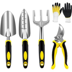 Gardening tool set, gardening tools with sturdy aluminum heads and ergonomic handles, gardening set with pruners, shovel, trowel, planter, hand rake,