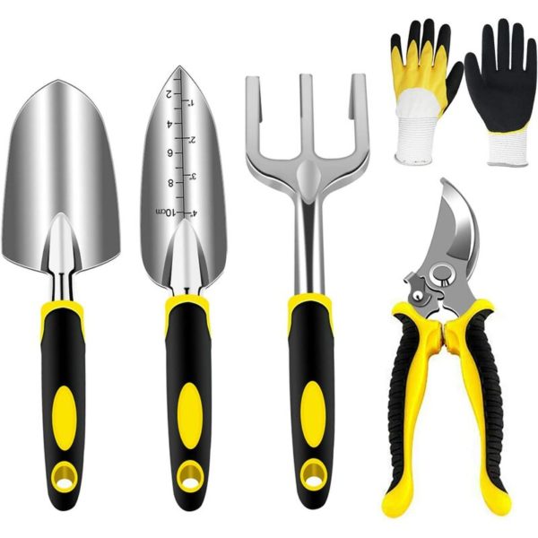 Gardening tool set, gardening tools with sturdy aluminum heads and ergonomic handles, gardening set with pruners, shovel, trowel, planter, hand rake,