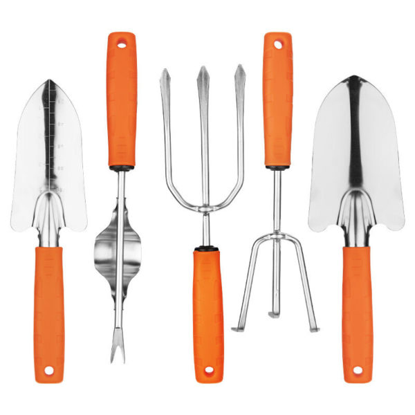 Gardening tools series 5-piece set (pointed shovel, round shovel, root picker, chisel and three-finger fork) heavy-duty stainless steel, gardening