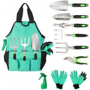 Gardening tools set of 10 pieces, green (tool kit water sprayer glove large shovel small shovel root extractor three claws three forks garden