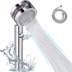 Groofoo - Shower Head with 1.5m Hose, High Pressure, 2 Spray Types with On/Off Switch, Rainfall Shower Head with Water Saving, Pressure Boost for