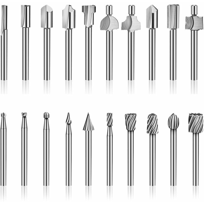HSS Router Bits, 20Pcs 3mm 1/8 High Speed Steel Cutters Woodworking Router Bits Accessory Kit Rotary Multi-Tool Router Bits for Dremel Foredom