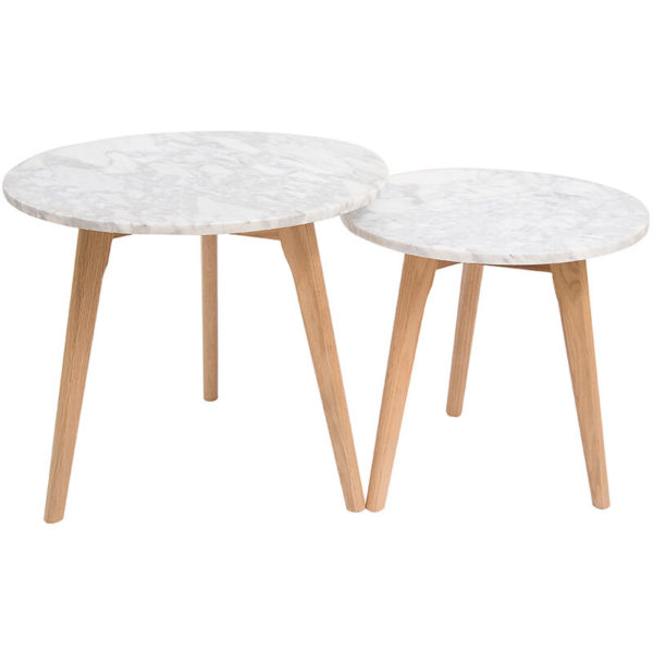 Harly Round Nest Of Tables Oak-White Marble Top - White