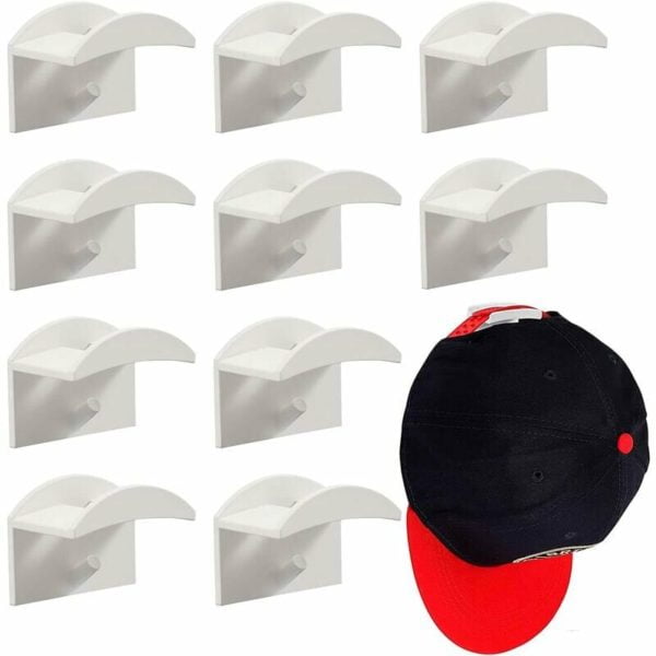 Hat Hook Wall Mount Hat Wig Holder Baseball Helmet Self Adhesive No Punching Double Hooks Hat Racks White 10 Pcs