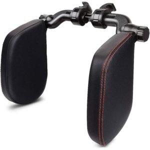 Headrest car seats with telescopic rod and sliding clips, leather side headrest cushion for children and adults, black (red stitching)
