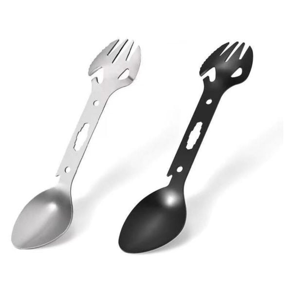 Heguyey - 2pcs Tableware Spoon Multi Tool Can Opener Flatware Portable Bottle Cutlery Multitool Camp Utensil Fork Spork Stainless Steel Picnic