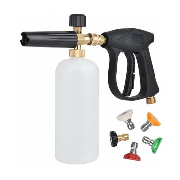 High Pressure Foam Cannon Gun, 1L Adjustable 1/4 Quick Snow Foam Lance Soap Dispenser Bottle with 5 Nozzles and Foam Lance Gun for Car Wash