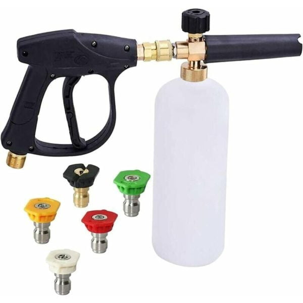 High Pressure Foam Cannon Gun, 1L Adjustable 1/4" Quick Snow Foam Lance Soap Dispenser Bottle with 5 Nozzles and Foam Lance Gun for Car Wash