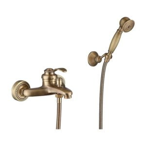HomeLava Bathtub Faucet with Hand Shower Antique Brass Finish Wall Mounted Shower Faucet with Bracket and 150cm Shower Hose for Bathroom