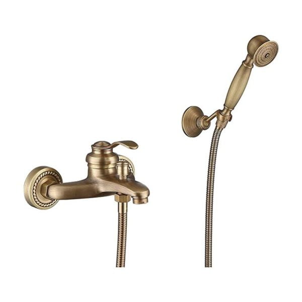 HomeLava Bathtub Faucet with Hand Shower Antique Brass Finish Wall Mounted Shower Faucet with Bracket and 150cm Shower Hose for Bathroom
