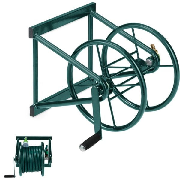 Hose Reel, Wall Mounted, For 60 m Hoses, 2 Click Connectors, h x w x d: 36 x 55 x 50 cm, Steel, Green - Relaxdays