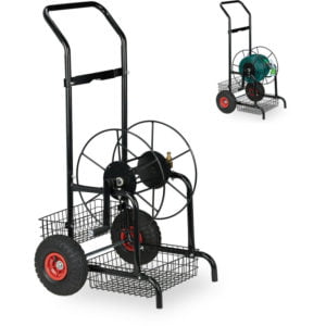 Hose Trolley, Up to 45 Meters, 2 Rubber Wheels, h x w x d: 118.5 x 62 x 63 cm, Steel, Black - Relaxdays
