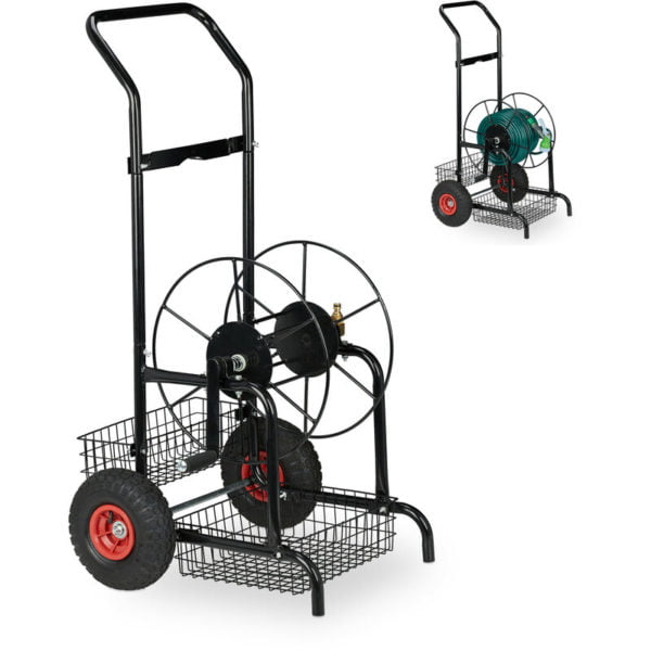 Hose Trolley, Up to 45 Meters, 2 Rubber Wheels, h x w x d: 118.5 x 62 x 63 cm, Steel, Black - Relaxdays