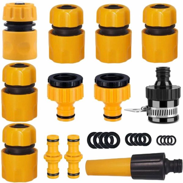 Hose connection set with garden hose fittings. Nozzle, quick connect, watertight coupler, double plug, tap couplers 1/2 and 3/4 inch size