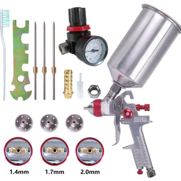 Hvlp Paint Spray Gun Kit with 1000cc Aluminum Reservoir 3 Nozzles 1.4 mm, 1.7 mm, 2.0 mm(red)