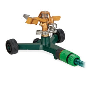 Impact Sprinkler, Garden Irrigation, 360° Spray, 14 m Reach, for Lawns, Metal, 13 x 19 x 19 cm, Gold/Green - Relaxdays