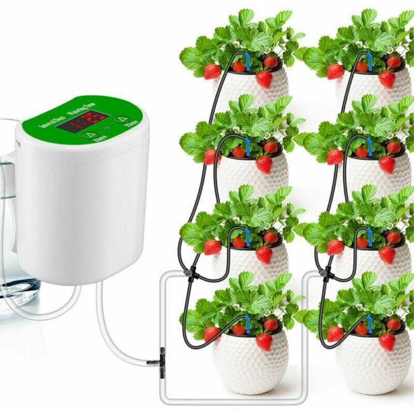 Indoor plant drip kit, automatic watering system, programmable timer, ideal for watering plants on vacation.