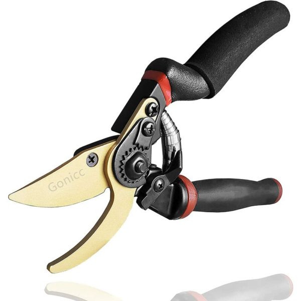 Joorrt - Pruning Shears with Rolling Handle Garden Straight Blade in Steel and Titanium (GPPS-1014). . Flower Scissors Cutting Bypass Dry Wood.