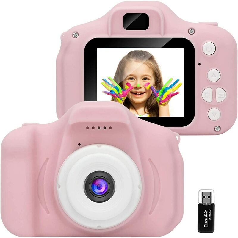 Kids Camera, Rechargeable Shockproof Mini Digital Camera, 1080p hd Video (with 32G Card, Card Reader) Pink