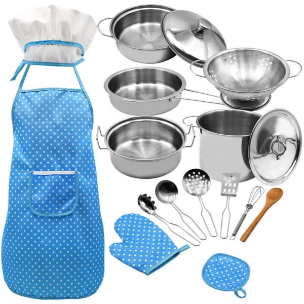 Kids Cooking and Baking Set 18 pcs with Chef Hat Apron Oven Mitt Pan Soup Pot Spoon Shovel Kitchen Utensils Children Chef Role Playset Educational