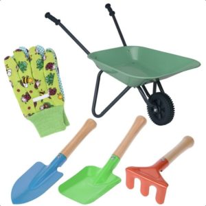 Kids Gardening Set 5p Aged 3+ Wheelbarrow Tool Set Green Frog Gloves - Multi - Idooka