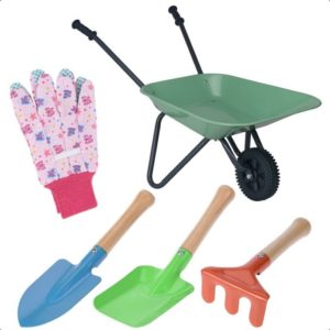 Kids Gardening Set 5p Aged 3+ Wheelbarrow Tool Set Pink Butterfly Gloves - Multi - Idooka