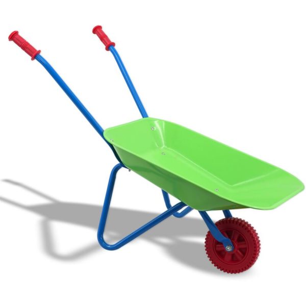 Kids Metal Wheelbarrow Garden Toy Childrens Play Wheel Barrow Outdoor Toy - green-blue-red