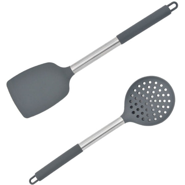 Kitchen Cooking Utensils Set, 2 pcs Non-stick Silicone Kitchen Utensils Spatula Set Gray shovel + gray fishing fence