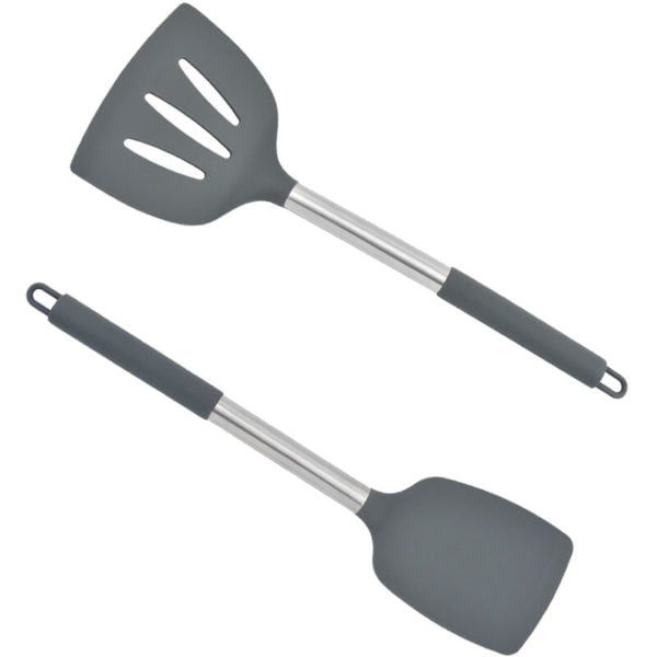 Kitchen Cooking Utensils Set, 2 pcs Non-stick Silicone Kitchen Utensils Spatula Set Grey dense shovel + grey large leaky shovel